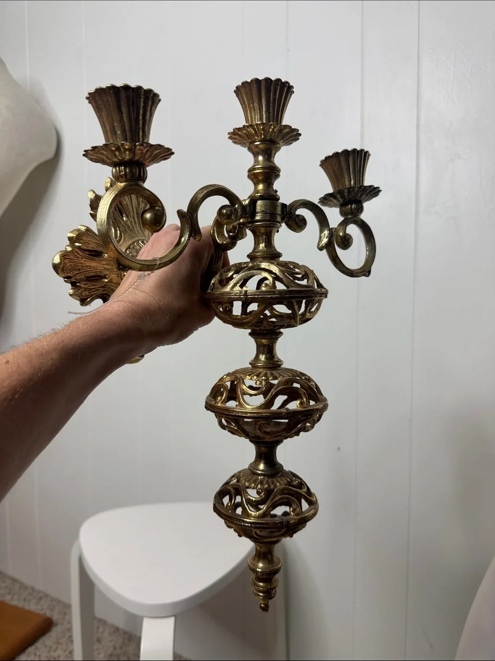 Gold brass wall candelabra taper candle holder